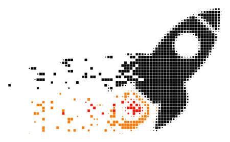 Dissolved space rocket dotted vector icon with disintegration effect. Square particles are composed into disappearing space rocket figure. Pixel dust effect shows speed and motion of cyberspace items.のイラスト素材