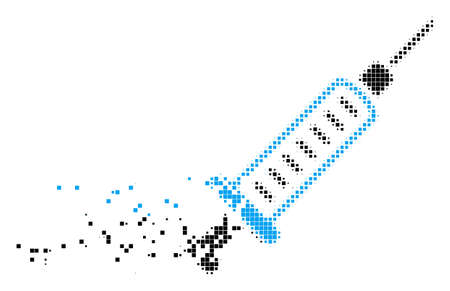 Dissolved syringe dot vector icon with disintegration effect. Rectangular fragments are organized into dispersed syringe figure.のイラスト素材