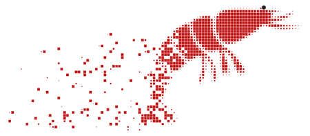 Dispersed shrimp dotted vector icon with disintegration effect. Square elements are arranged into dissipated shrimp figure. Pixel disappearing effect shows speed and movement of cyberspace matter.のイラスト素材