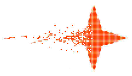 Dissolved space star dotted vector icon with disintegration effect. Rectangle pixels are arranged into dissipated space star form. Pixel dust effect shows speed and motion of cyberspace objects.のイラスト素材
