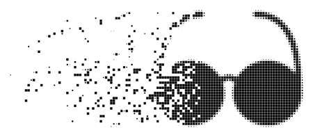 Dispersed spectacles dotted vector icon with disintegration effect. Rectangle particles are combined into disappearing spectacles shape.のイラスト素材