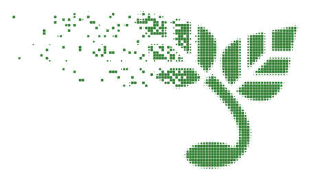 Dispersed sprout dotted vector icon with disintegration effect. Square points are arranged into dissipated sprout figure. Pixel fragmentation effect demonstrates speed and motion of cyberspace items.のイラスト素材