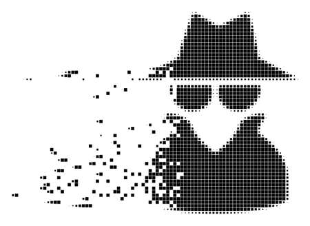 Fractured spy dot vector icon with disintegration effect. Rectangular elements are organized into dissolving spy form. Pixel dissipating effect demonstrates speed and motion of cyberspace matter.のイラスト素材