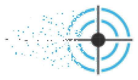 Dispersed target bullseye dot vector icon with disintegration effect. Square pieces are composed into dissolving target bullseye figure.のイラスト素材