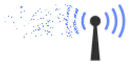 Fractured WiFi station dot vector icon with disintegration effect. Square particles are combined into dissipated WiFi station shape.のイラスト素材