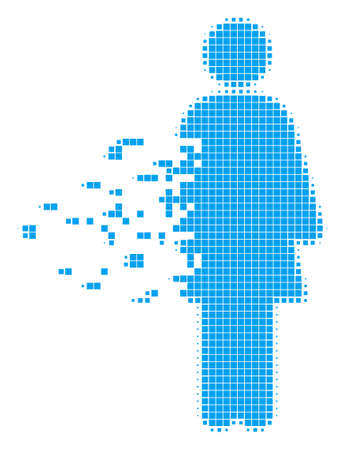 Dispersed woman person dot vector icon with disintegration effect. Rectangular cells are combined into dispersed woman person shape.のイラスト素材