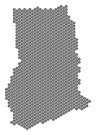 Football ball Ghana map. Vector territorial plan on a white background. Abstract Ghana map concept is made of soccer balls. Mosaic pattern is based on hex tile array.のイラスト素材