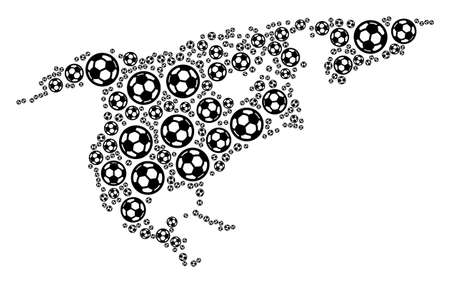 Football North America map. Vector territory plan composed from football spheres in different sizes. Abstract North America map collage is combined from random soccer spheres.のイラスト素材