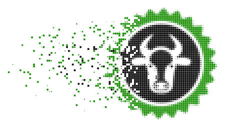Fractured beef certificate seal dot vector icon with wind effect. Square elements are composed into dissipated beef certificate seal figure.のイラスト素材