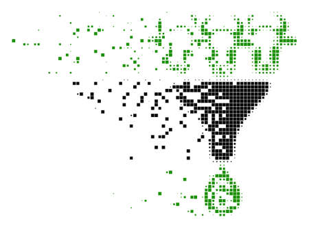 Dispersed cattle profit funnel dot vector icon with wind effect. Square pieces are arranged into dissolving cattle profit funnel figure.のイラスト素材