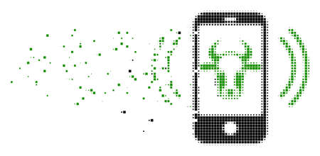 Dispersed cow mobile control dotted vector icon with wind effect. Square pieces are composed into dispersed cow mobile control figure. Pixel mist effect shows speed and motion of cyberspace objects.のイラスト素材