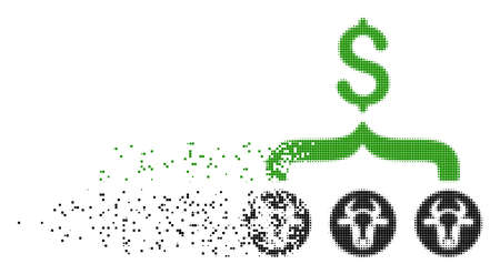 Fractured cows result dollar dotted vector icon with wind effect. Square pieces are arranged into dispersed cows result dollar shape. Pixel burst effect shows speed and motion of cyberspace matter.のイラスト素材