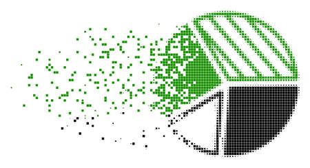 Fractured pie chart dot vector icon with wind effect. Rectangle elements are arranged into dissipated pie chart shape. Pixel fragmentation effect demonstrates speed and motion of cyberspace things.のイラスト素材