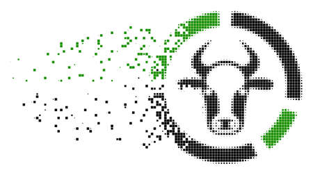 Fractured cow diagram dot vector icon with wind effect. Rectangle pieces are grouped into dissipated cow diagram form. Pixel erosion effect shows speed and movement of cyberspace matter.のイラスト素材