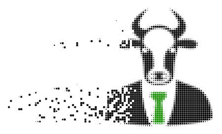 Fractured bull boss dot vector icon with wind effect. Rectangle dots are composed into damaging bull boss shape. Pixel erosion effect shows speed and movement of cyberspace objects.のイラスト素材