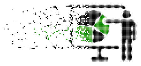Dispersed pie chart public report dot vector icon with wind effect. Rectangle particles are organized into disappearing pie chart public report shape.のイラスト素材