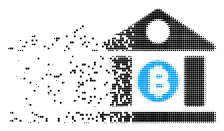 Dissolved Bitcoin bank building dotted vector icon with erosion effect. Rectangle fragments are grouped into disappearing Bitcoin bank building figure.のイラスト素材
