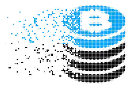 Dispersed Bitcoin coin stack dotted vector icon with erosion effect. Square dots are grouped into dissipated Bitcoin coin stack form. Pixel erosion effect shows speed and movement of cyberspace items.のイラスト素材
