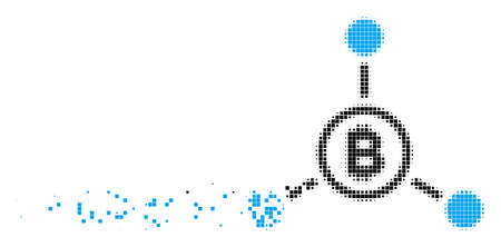 Fractured Bitcoin connections dot vector icon with erosion effect. Square points are combined into dissipated Bitcoin connections figure.のイラスト素材
