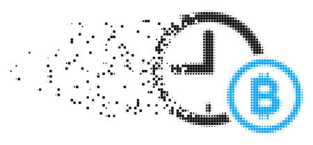 Dissolved Bitcoin credit clock dotted vector icon with wind effect. Rectangle dots are composed into damaging Bitcoin credit clock figure.のイラスト素材