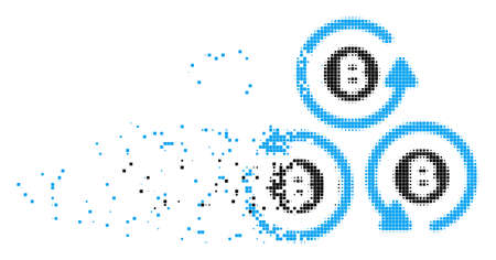 Dispersed Bitcoin mixer rotation dot vector icon with wind effect. Square elements are combined into disappearing Bitcoin mixer rotation figure.のイラスト素材