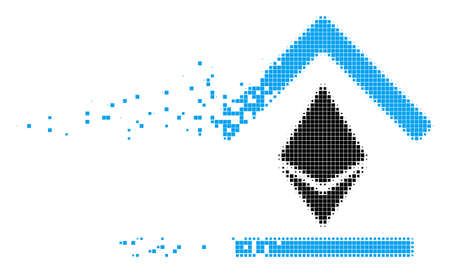 Fractured Ethereum bank roof dot vector icon with wind effect. Rectangular pixels are combined into dissolving Ethereum bank roof shape.のイラスト素材