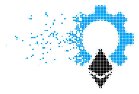 Dispersed Ethereum gear dotted vector icon with erosion effect. Rectangular particles are composed into damaging Ethereum gear shape.のイラスト素材