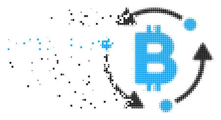 Fractured Bitcoin rotation dot vector icon with erosion effect. Rectangle items are grouped into damaging Bitcoin rotation shape.のイラスト素材