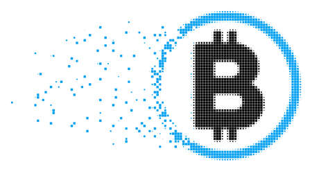 Fractured Bitcoin rounded dot vector icon with wind effect. Rectangular items are composed into dispersed Bitcoin rounded form. Pixel defragmentation effect shows speed and motion of cyberspace items.のイラスト素材
