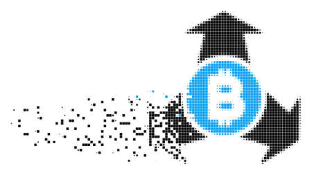 Dissolved Bitcoin spend arrows dot vector icon with erosion effect. Rectangle items are organized into damaging Bitcoin spend arrows shape.のイラスト素材