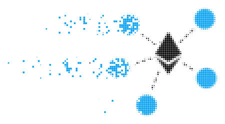 Dispersed Ethereum net structure dot vector icon with erosion effect. Square dots are arranged into dispersed Ethereum net structure figure.のイラスト素材