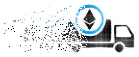 Dissolved Ethereum delivery truck dot vector icon with wind effect. Rectangle fragments are arranged into damaging Ethereum delivery truck shape.のイラスト素材