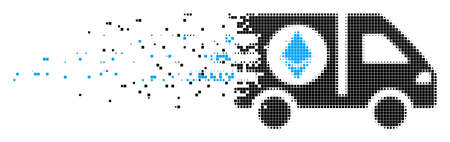 Dissolved Ethereum express car dotted vector icon with wind effect. Rectangular pixels are combined into disappearing Ethereum express car figure.のイラスト素材