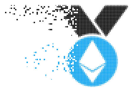 Dispersed Ethereum medal with ribbons dot vector icon with wind effect. Rectangle dots are arranged into dissolving Ethereum medal with ribbons figure.のイラスト素材