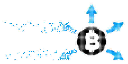 Dissolved Bitcoin emission dotted vector icon with erosion effect. Square elements are composed into dissipated Bitcoin emission shape.のイラスト素材