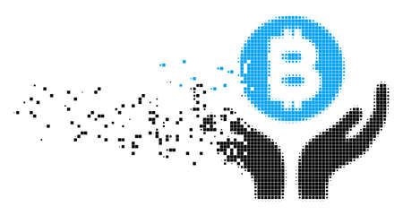 Dispersed Bitcoin support hands dot vector icon with erosion effect. Rectangle particles are arranged into disappearing Bitcoin support hands shape.のイラスト素材