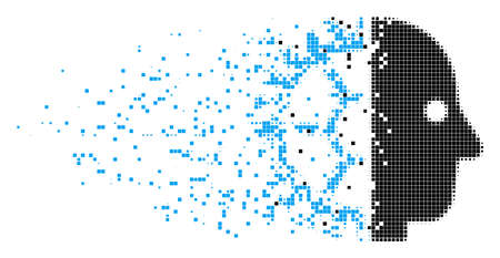 Fractured cyborg head dotted vector icon with destruction effect. Rectangle elements are arranged into damaging cyborg head figure.のイラスト素材