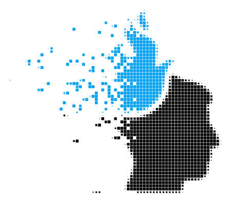 Dissolved fired head dot vector icon with wind effect. Square elements are grouped into dissipated fired head figure. Pixel explosion effect demonstrates speed and motion of cyberspace things.のイラスト素材