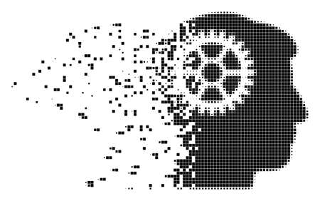 Dispersed intellect cog dot vector icon with destruction effect. Rectangular dots are arranged into damaging intellect cog form. Pixel dust effect demonstrates speed and motion of cyberspace items.のイラスト素材