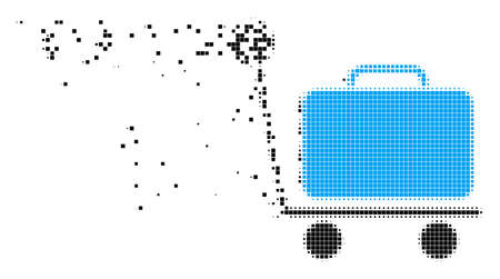 Dispersed luggage trolley dot vector icon with wind effect. Rectangular items are composed into dissipated luggage trolley shape. Pixel destruction effect shows speed and motion of cyberspace matter.のイラスト素材