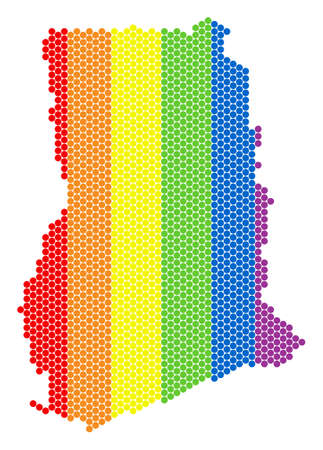 A dotted LGBT Ghana map for lesbians, gays, bisexuals, and transgenders. Rainbow vector concept of Ghana map composed of circle pixels.のイラスト素材