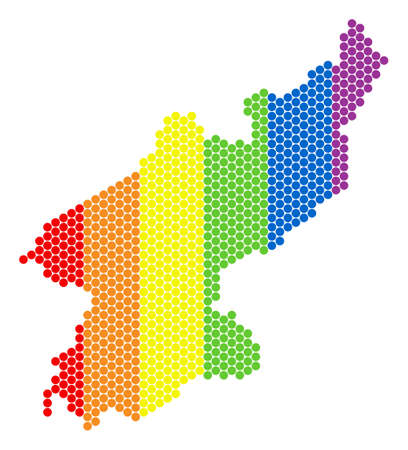 A dotted LGBT North Korea map for lesbians, gays, bisexuals, and transgenders. Multicolored vector mosaic of North Korea map constructed of circle elements.のイラスト素材