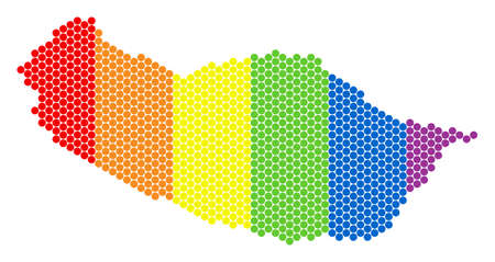 A dotted LGBT Portugal Madeira Island map for lesbians, gays, bisexuals, and transgenders. Rainbow vector composition of Portugal Madeira Island map done of spheric points.のイラスト素材