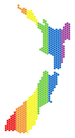 A dotted LGBT New Zealand map for lesbians, gays, bisexuals, and transgenders. Colorful vector concept of New Zealand map made with circle dots.のイラスト素材