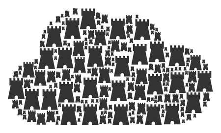 Cloud collage composed of bulwark tower elements in various sizes. Abstract vector fog representaion. Bulwark tower icons are formed into cloud figure.のイラスト素材