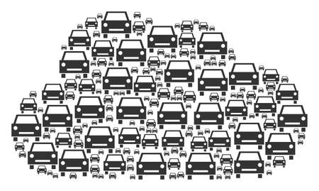 Cloud collage formed from car icons in various sizes. Abstract vector network concept. Car icons are organized into cloud figure.のイラスト素材