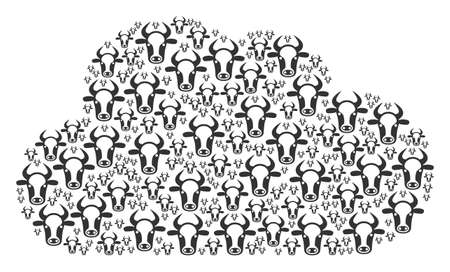 Cloud mosaic formed from cow head objects in different sizes. Abstract vector gas concept. Cow head icons are organized into cloud shape.のイラスト素材