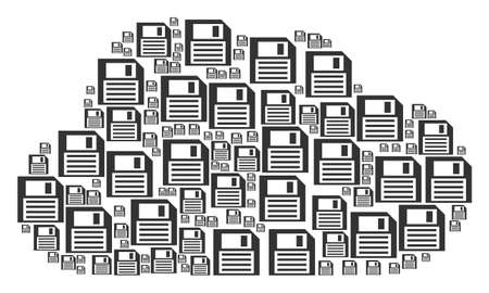 Cloud shape created of floppy disk items in different sizes. Abstract vector gas concept. Floppy disk icons are combined into cloud figure.のイラスト素材