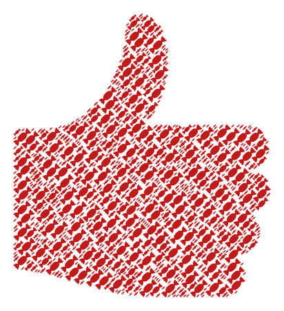 Confirmation mosaic built with candy objects in various sizes. Abstract vector thumb up illustration. Candy icons are combined into best mark figure.のイラスト素材