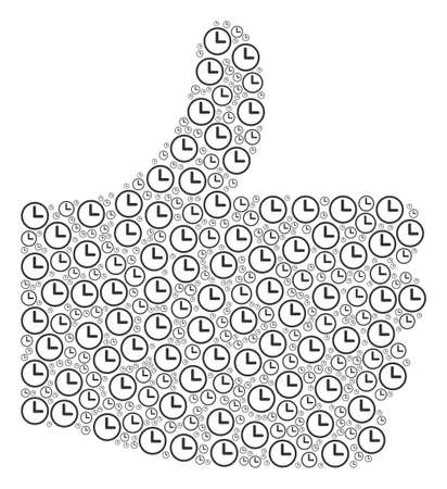 Approval mosaic made with clock components in various sizes. Abstract vector thumb finger up illustration. Clock icons are arranged into good mark shape.のイラスト素材